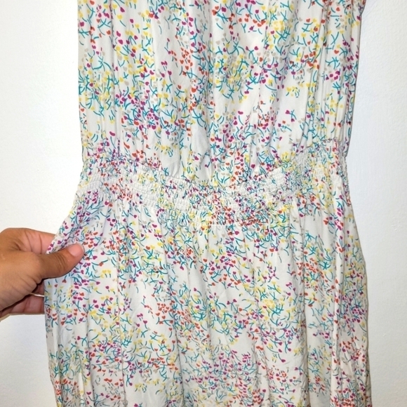 Parker Silk Cream Multicolored Floral Dress Smocked Waist Size L - Picture 4 of 14